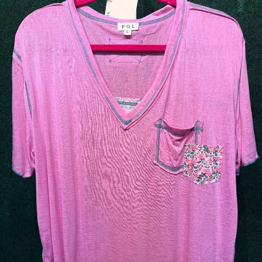 🔥047 POL Pink T-shirt w/Teal Green Seams & Floral Blocking